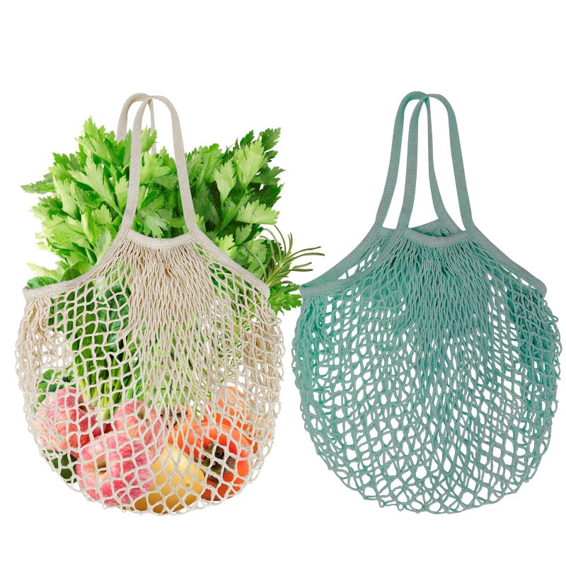 Mordx 2 Pack Premium Mesh Grocery Bags,100% Cotton String Mesh Bags,Long Handle Net Tote Bags,Reusable Produce Bags,Washable,Portableï¼ŒFruit and Vegetable Storage Bags (beige+blue-gray) - Image 1