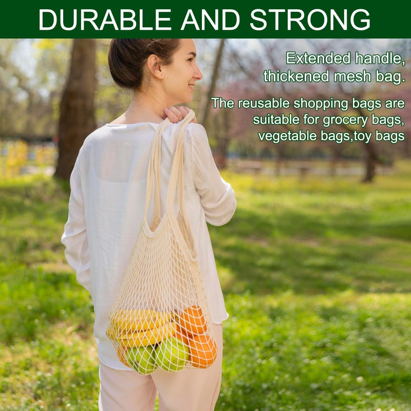 Mordx 2 Pack Premium Mesh Grocery Bags,100% Cotton String Mesh Bags,Long Handle Net Tote Bags,Reusable Produce Bags,Washable,Portableï¼ŒFruit and Vegetable Storage Bags (beige+blue-gray) - Image 4