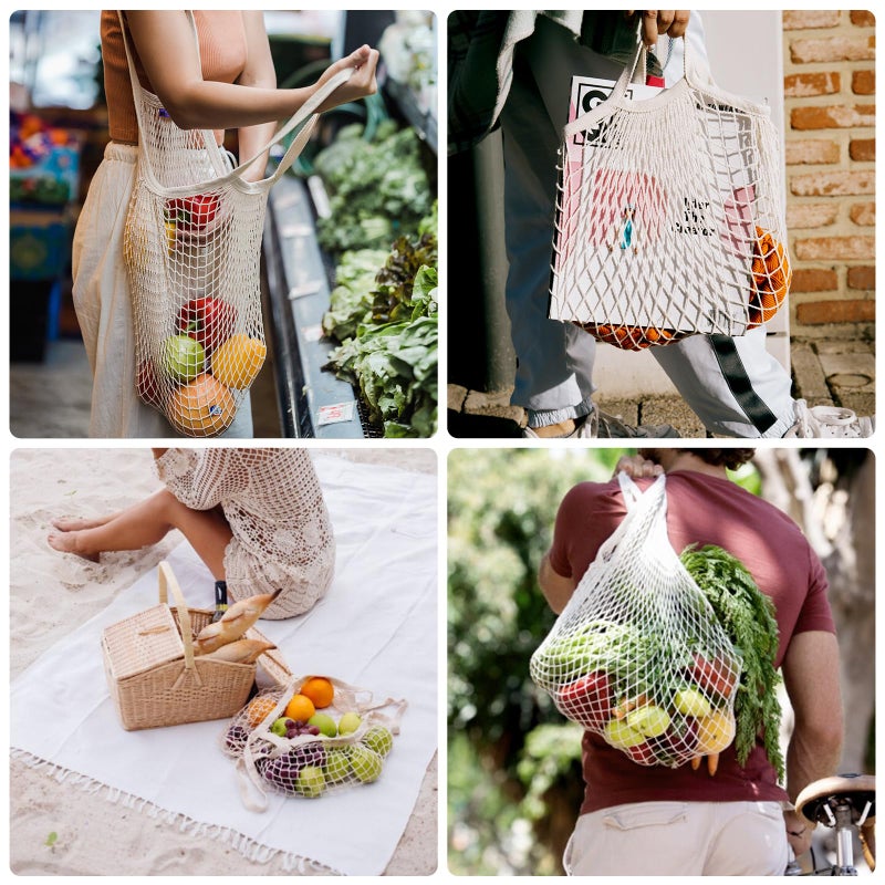 Mordx 2 Pack Premium Mesh Grocery Bags,100% Cotton String Mesh Bags,Long Handle Net Tote Bags,Reusable Produce Bags,Washable,Portableï¼ŒFruit and Vegetable Storage Bags (beige+blue-gray) - Image 2
