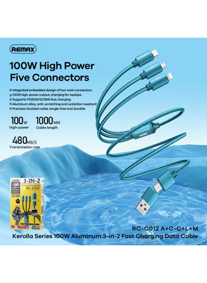 ريماكس كابل بيانات شحن سريع 3 في 2 RC-C012 من سلسلة KEROLLA، 100 واط، 1 متر، كابل قوي من الألومنيوم، يدعم الشحن السريع عبر USB وPD لجميع أجهزة الهاتف - أخضر - Image 2