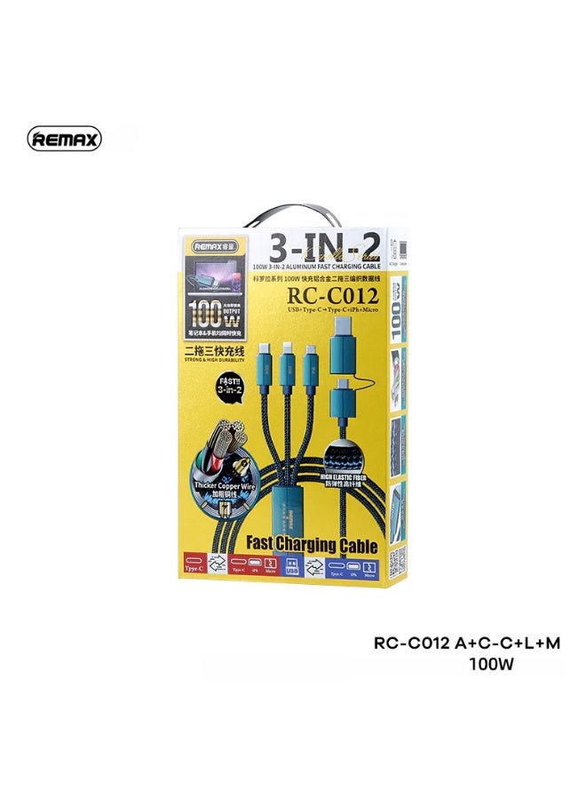 ريماكس كابل بيانات شحن سريع 3 في 2 RC-C012 من سلسلة KEROLLA، 100 واط، 1 متر، كابل قوي من الألومنيوم، يدعم الشحن السريع عبر USB وPD لجميع أجهزة الهاتف - أخضر - Image 3