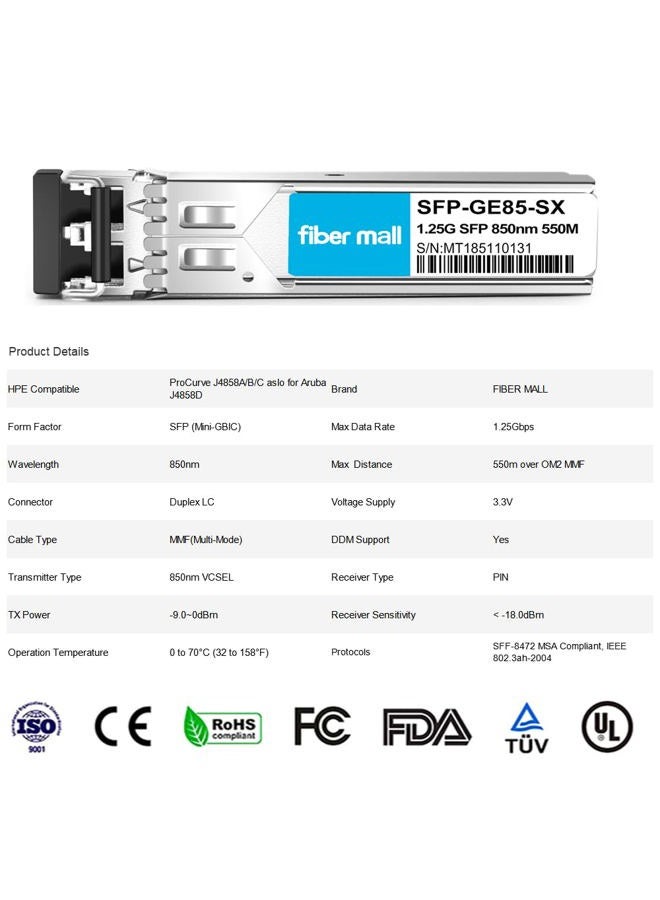 fiber mall 1G SFP SX for HPE ProCurve J4858C J4858B J4858A HPE Aruba J4858D 1000BASE-SX SFP LC Mini-GBIC 850nm 550m Multimode Transceiver Module - Image 3