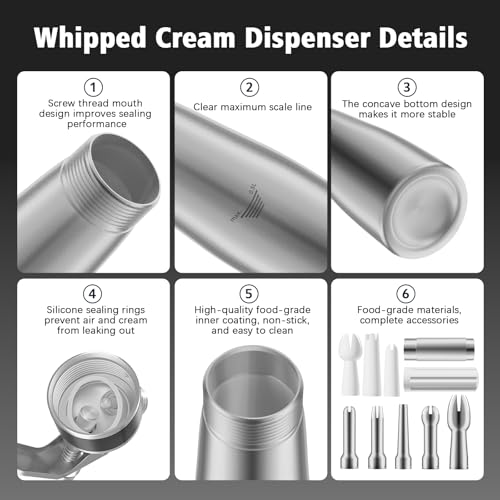 ENLOY Professional Aluminum Whipped Cream Dispenser, 500 mL/1 Pint, Whipped Cream Maker Canister with 8 Decorating Nozzles & Cleaning Brush, Cream Whipper Need to Use N2O Chargers (Note: NO Included) - Image 3