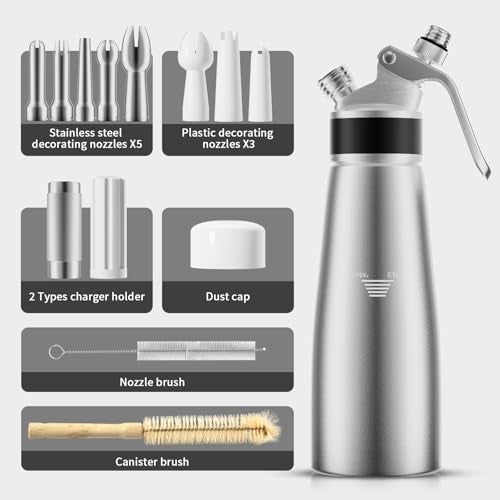 ENLOY Professional Aluminum Whipped Cream Dispenser, 500 mL/1 Pint, Whipped Cream Maker Canister with 8 Decorating Nozzles & Cleaning Brush, Cream Whipper Need to Use N2O Chargers (Note: NO Included) - Image 2