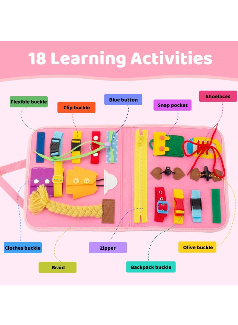 KASTWAVE Busy Board, 27 in 1 DIY Portable Felt Dressing Button Learning Board Early Educational Sensory Brain Toys for 1 2 3 4 Years Old Boys Girls Preschoolers(Pink) - Image 3