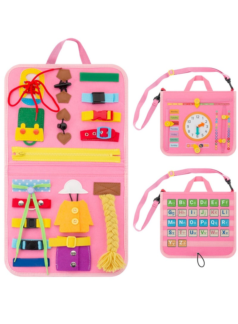 KASTWAVE Busy Board, 27 in 1 DIY Portable Felt Dressing Button Learning Board Early Educational Sensory Brain Toys for 1 2 3 4 Years Old Boys Girls Preschoolers(Pink) - Image 1