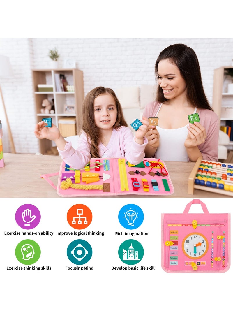 KASTWAVE Busy Board, 27 in 1 DIY Portable Felt Dressing Button Learning Board Early Educational Sensory Brain Toys for 1 2 3 4 Years Old Boys Girls Preschoolers(Pink) - Image 2