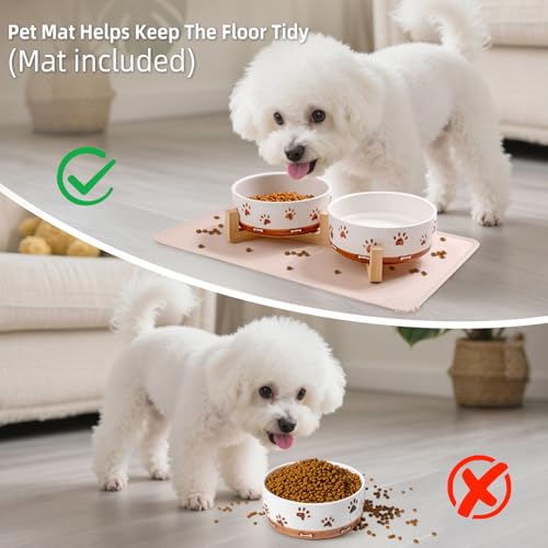 XRBEOU Dog Bowls with Wood Stand, 1.7 Cups Ceramic Puppy Bowls with Mat for Small Dog Weighted Water and Food Bowl Set for Dogs Cats, Non-Slip Pet Feeding Dish 13.5 Oz - Image 4