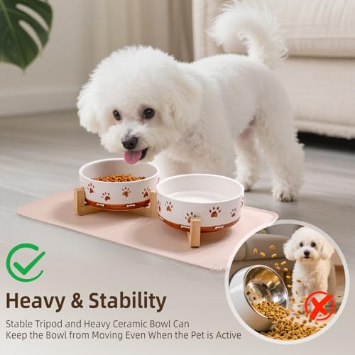 XRBEOU Dog Bowls with Wood Stand, 1.7 Cups Ceramic Puppy Bowls with Mat for Small Dog Weighted Water and Food Bowl Set for Dogs Cats, Non-Slip Pet Feeding Dish 13.5 Oz - Image 3