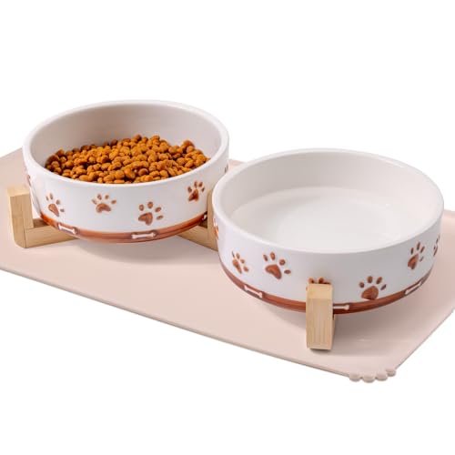 XRBEOU Dog Bowls with Wood Stand, 1.7 Cups Ceramic Puppy Bowls with Mat for Small Dog Weighted Water and Food Bowl Set for Dogs Cats, Non-Slip Pet Feeding Dish 13.5 Oz - Image 1