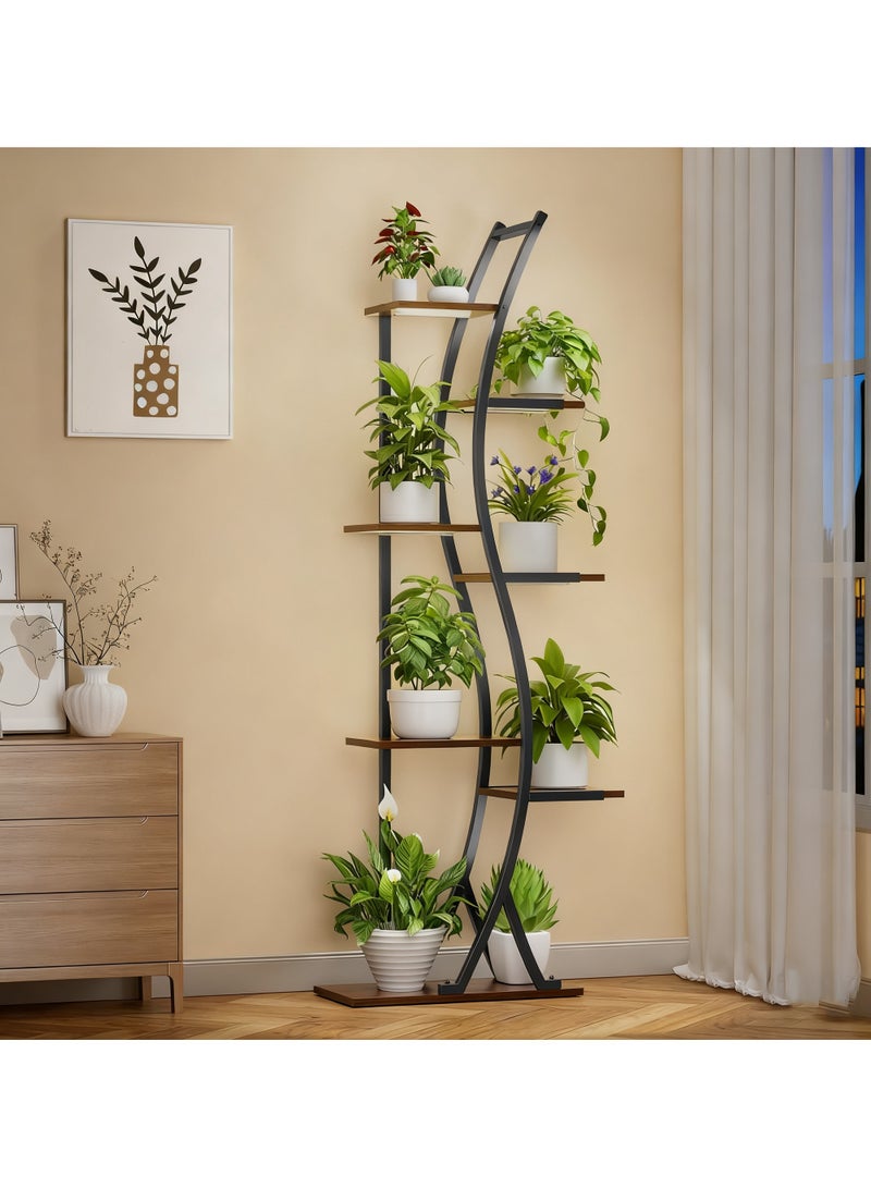 تشولوفز حامل نباتات داخلي بارتفاع 158 سم - رف زاوية معدني وخشبي مكون من 7 طبقات، رف زهور كبير على شكل حرف S للعديد من النباتات الداخلية، لا يتضمن مصابيح نمو النباتات - Image 1