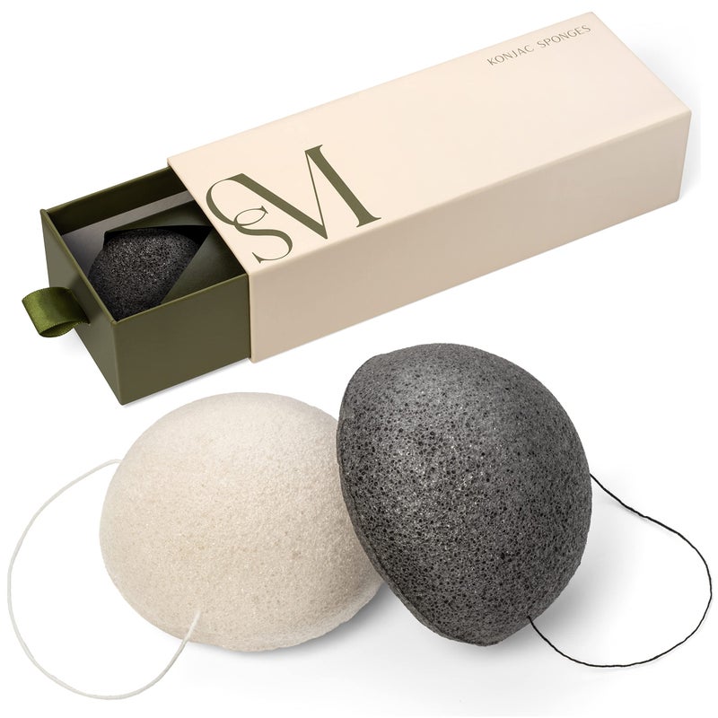 c s m CSM Organic Konjac Sponges 3-Pack for Gentle Exfoliating - Facial Cleansing Sponge with Activated Bamboo Charcoal to Clean Pores, Remove Impurities, Exfoliate - 2 Black, 1 White Natural Sponge - Image 1
