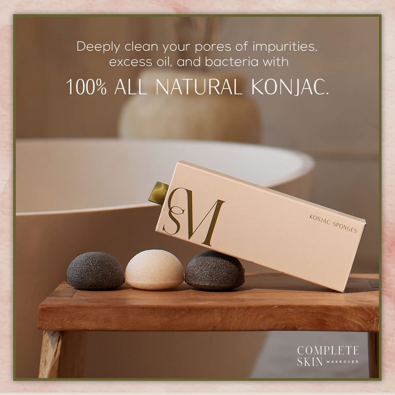 c s m CSM Organic Konjac Sponges 3-Pack for Gentle Exfoliating - Facial Cleansing Sponge with Activated Bamboo Charcoal to Clean Pores, Remove Impurities, Exfoliate - 2 Black, 1 White Natural Sponge - Image 4