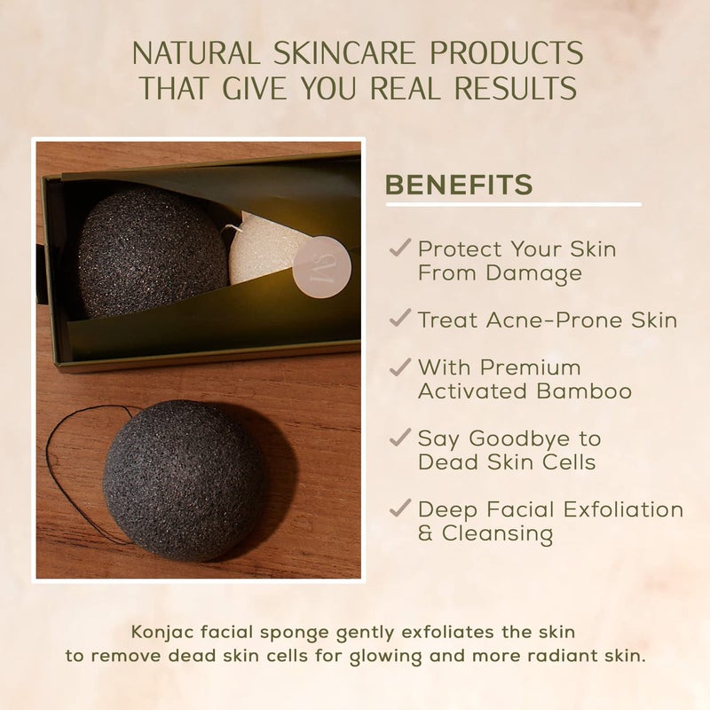 c s m CSM Organic Konjac Sponges 3-Pack for Gentle Exfoliating - Facial Cleansing Sponge with Activated Bamboo Charcoal to Clean Pores, Remove Impurities, Exfoliate - 2 Black, 1 White Natural Sponge - Image 2