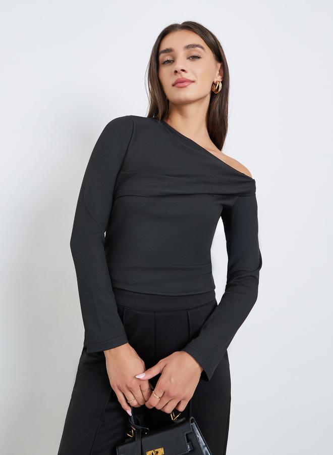 Styli Black Solid One Shoulder Knit Top - Image 1