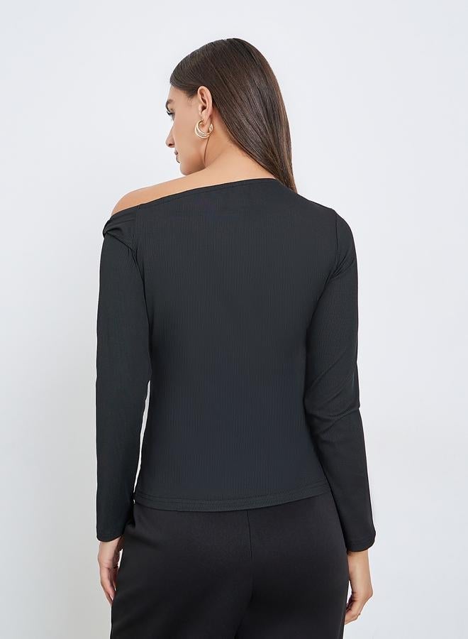 Styli Black Solid One Shoulder Knit Top - Image 5