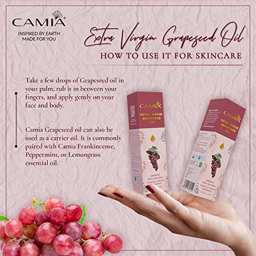 CAMIA Organic Extra Virgin Cold Pressed Grapeseed Oil| Rich in Free Fatty Acids, Vit A, Vit E & Antioxidants|Enhances Skin Health & Hydration|Reduces Hair Fall, Improves Hair Shine|100 Ml Glass Bottle - Image 5