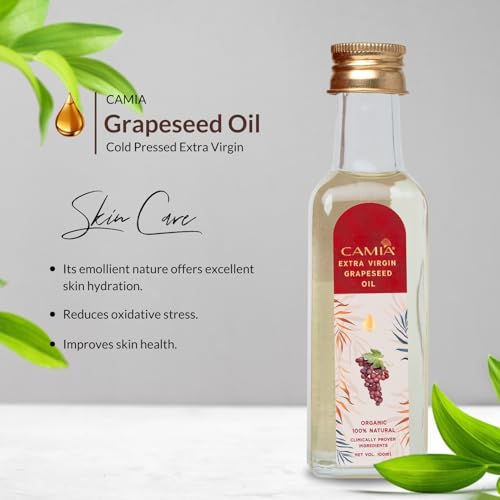 CAMIA Organic Extra Virgin Cold Pressed Grapeseed Oil| Rich in Free Fatty Acids, Vit A, Vit E & Antioxidants|Enhances Skin Health & Hydration|Reduces Hair Fall, Improves Hair Shine|100 Ml Glass Bottle - Image 3
