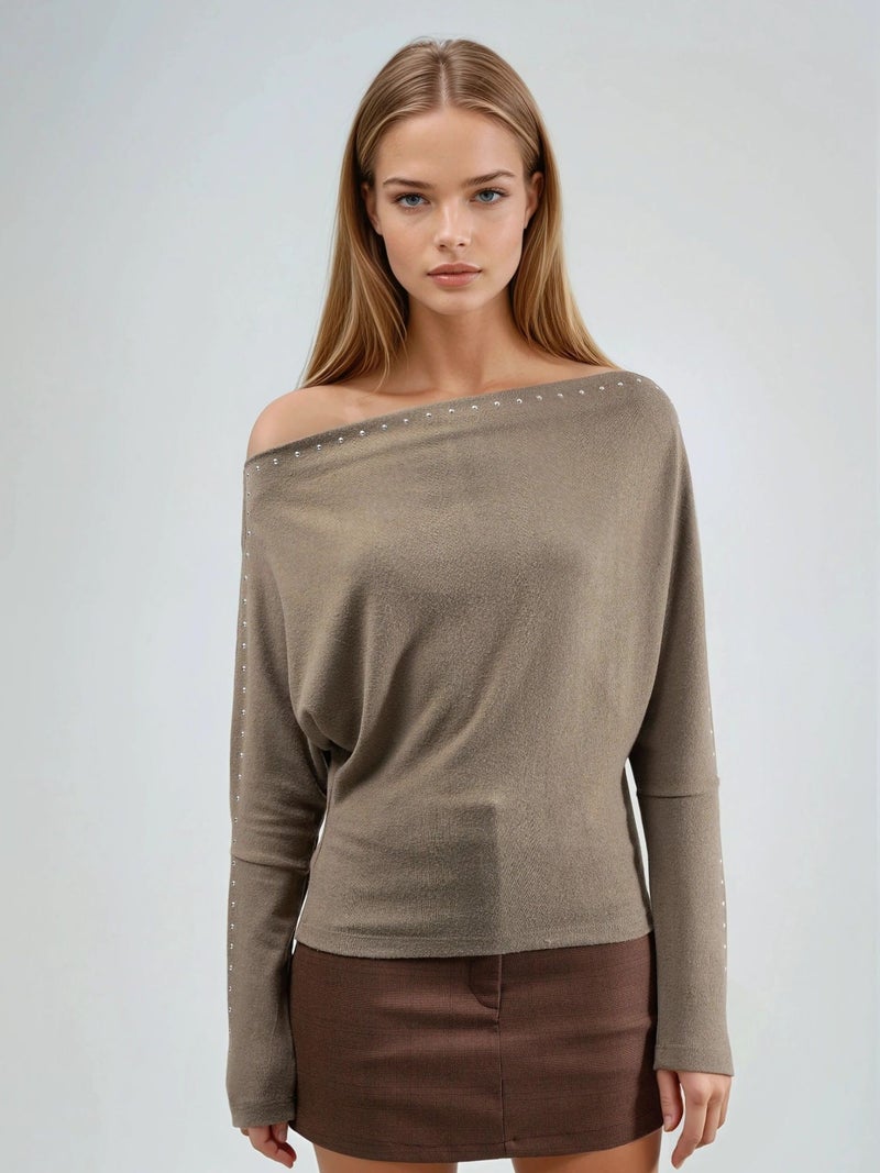 BUSEM Boat Neck Blouse with Stone Accessory - Image 3