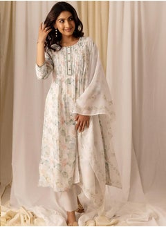 Printed Embroidered Linen A Line Kurta with Trousers and Dupatta Set by Styli