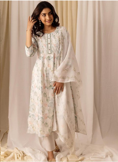 Printed Embroidered Linen A Line Kurta with Trousers and Dupatta Set by Styli