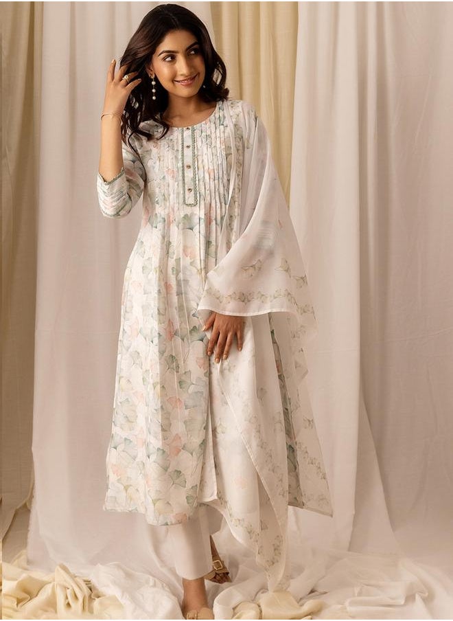 DW Printed Embroidered Linen A Line Kurta with Trousers and Dupatta Set by Styli  - Image 1