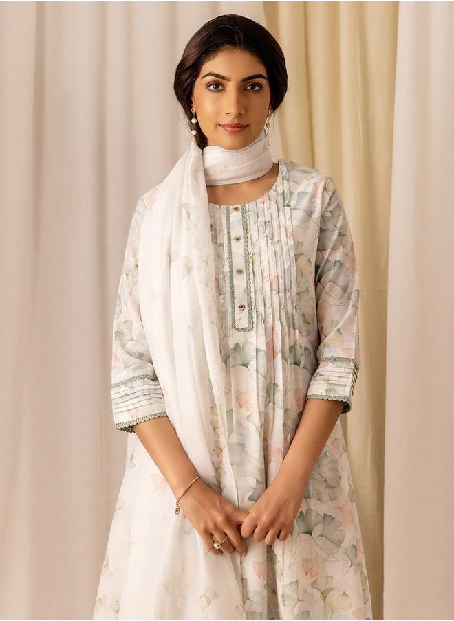 DW Printed Embroidered Linen A Line Kurta with Trousers and Dupatta Set by Styli  - Image 2
