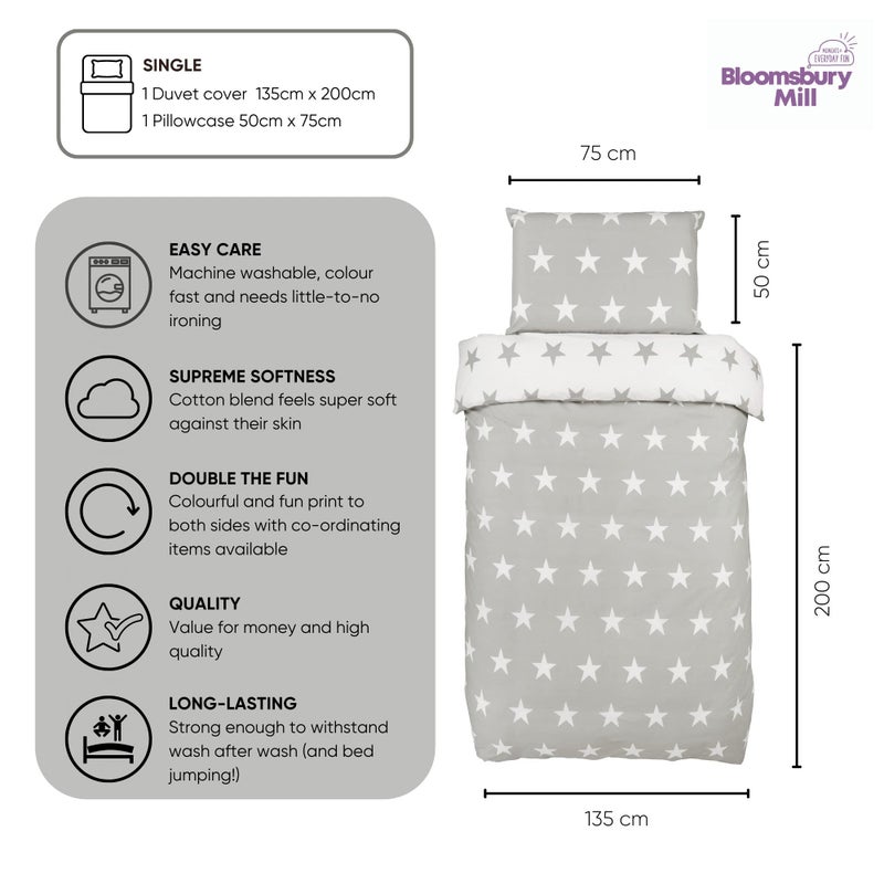 Bloomsbury Mill (Single Duvet Set) - Bloomsbury Mill - Grey & White Stars - Reversible Bedding Set - Single Duvet Cover and Pillowcase - Image 2