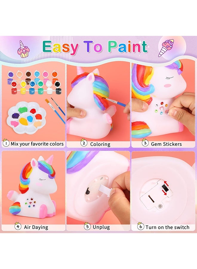 يمي مجموعة إضاءة ليلية على شكل وحيد القرن - ارسم مصباحك السحري الخاص باستخدام 12 لونًا من مصابيح LED، هدية فنية وحرفية للفتيات من سن 3 إلى 12 عامًا، ديكور غرفة إبداعي وهدية عيد ميلاد (مجموعة طلاء كاملة) - Image 2