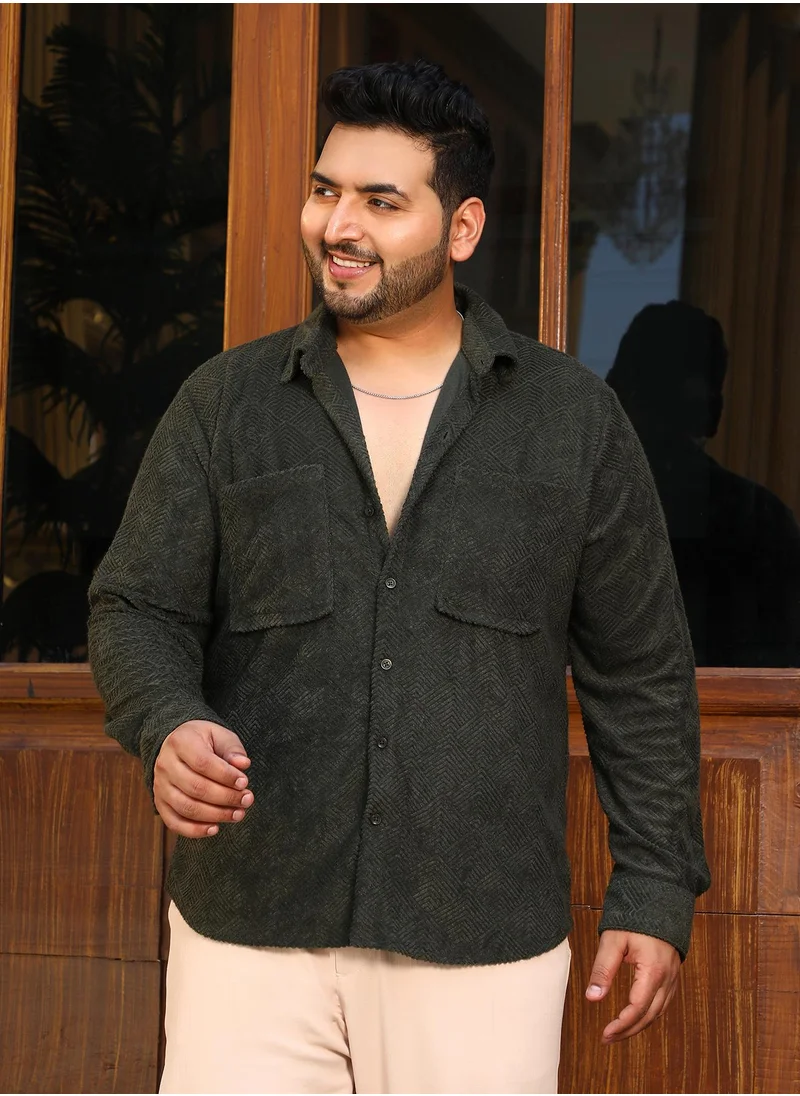 انستافاب بلس Instafab Plus Men's Seaweed Green Axisline Utility-Relaxed Shirt For Casual Wear | Spread Collar | Long Cuffed Sleeves | Button Closure | Plus Size Shirt Crafted With Comfort Fit For Everyday Wear