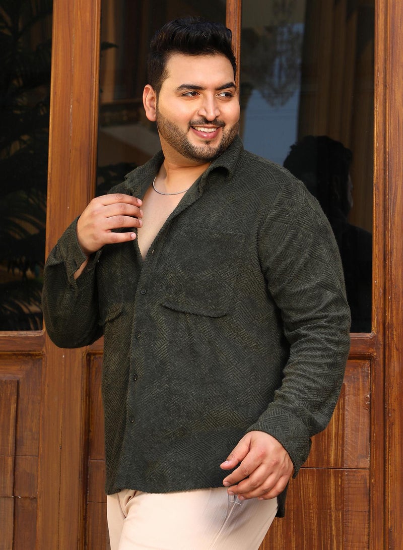 Instafab Plus Instafab Plus Men's Seaweed Green Axisline Utility-Relaxed Shirt For Casual Wear | Spread Collar | Long Cuffed Sleeves | Button Closure | Plus Size Shirt Crafted With Comfort Fit For Everyday Wear  - Image 3