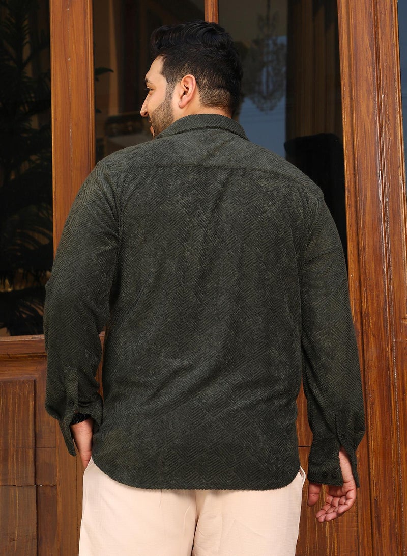 Instafab Plus Instafab Plus Men's Seaweed Green Axisline Utility-Relaxed Shirt For Casual Wear | Spread Collar | Long Cuffed Sleeves | Button Closure | Plus Size Shirt Crafted With Comfort Fit For Everyday Wear  - Image 5