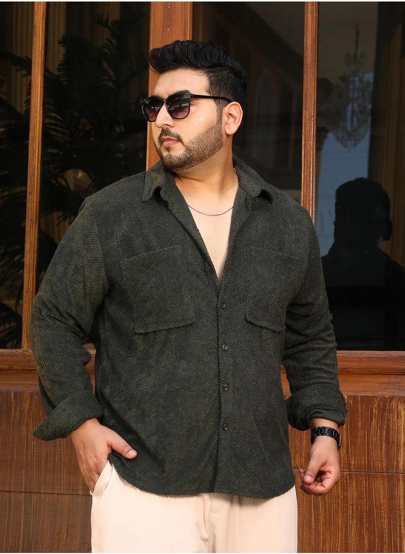 انستافاب بلس Instafab Plus Men's Seaweed Green Axisline Utility-Relaxed Shirt For Casual Wear | Spread Collar | Long Cuffed Sleeves | Button Closure | Plus Size Shirt Crafted With Comfort Fit For Everyday Wear