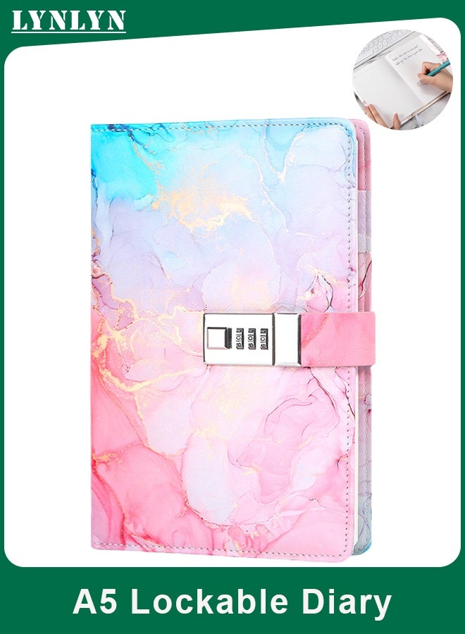 لينلي مفكرة A5 قابلة للقفل بقفل برقم سري، مصنوعة من جلد البولي يوريثان، دفتر ملاحظات وردي اللون بقفل برقم سري، هدية مثالية - Image 1