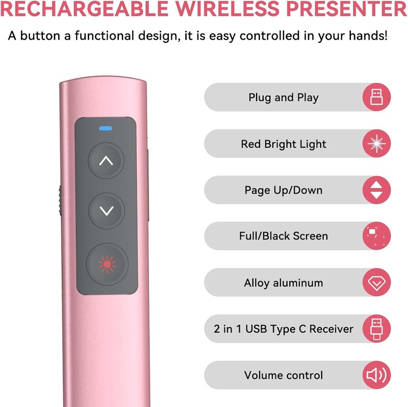 PPTSLID Pink Presentation Clicker for PowerPoint Presentations, Wireless Presenter PowerPoint Clicker with Red Light, [Aluminum Alloy] PPT Slideshow Remote Clicker for Mac, Computer - Image 2