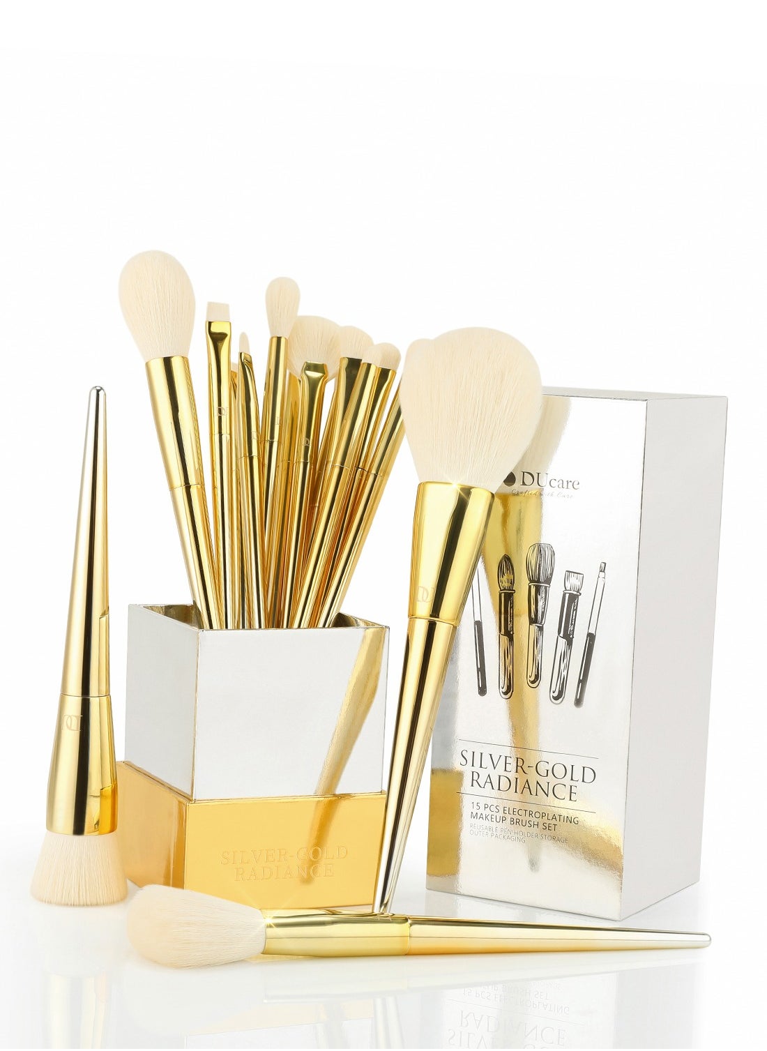 DUcare Makeup Brushes 15 Pcs Makeup Brush Set with Holder Premium Synthetic Powder Foundation Contour Blush Concealer Eye Shadow Blending Liner Make up Brush Kit Gold-silver 