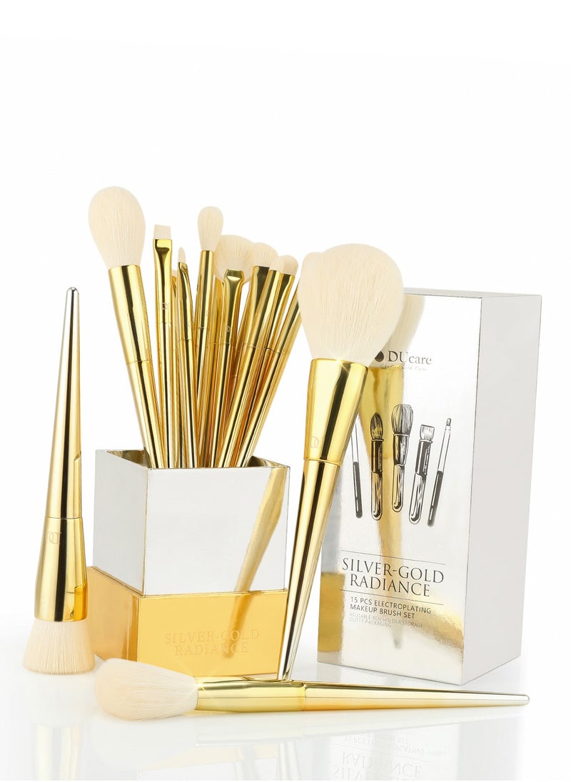 DUcare Makeup Brushes 15 Pcs Makeup Brush Set with Holder Premium Synthetic Powder Foundation Contour Blush Concealer Eye Shadow Blending Liner Make up Brush Kit Gold-silver  - Image 1