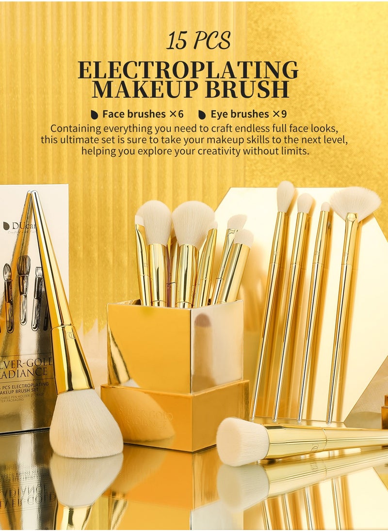 DUcare Makeup Brushes 15 Pcs Makeup Brush Set with Holder Premium Synthetic Powder Foundation Contour Blush Concealer Eye Shadow Blending Liner Make up Brush Kit Gold-silver  - Image 2