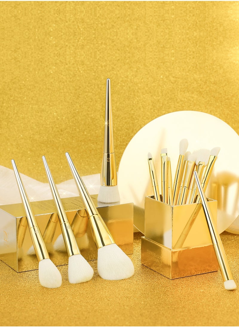 DUcare Makeup Brushes 15 Pcs Makeup Brush Set with Holder Premium Synthetic Powder Foundation Contour Blush Concealer Eye Shadow Blending Liner Make up Brush Kit Gold-silver  - Image 4
