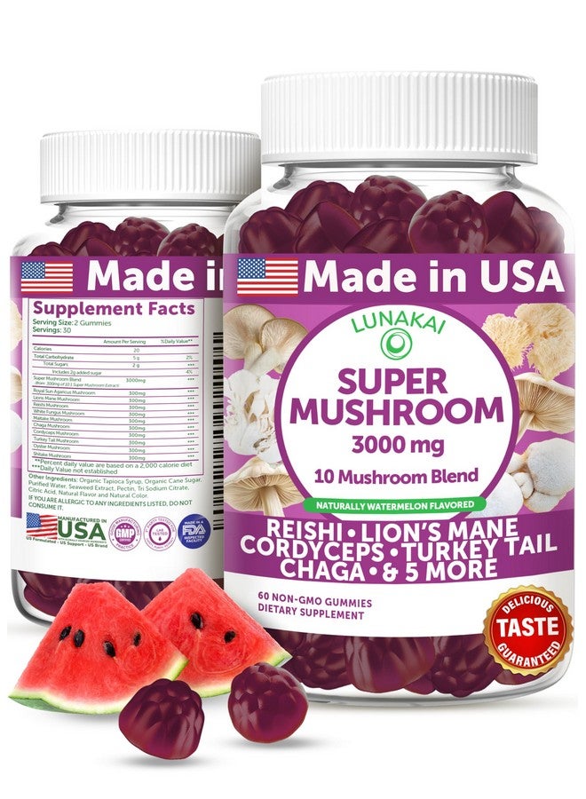 Lunakai USA Made Super Mushroom Gummies for Adults - 10-in-1 Adaptogenic Mushroom Supplement with Lion's Mane - Focus & Brain Support, 60ct - Image 1