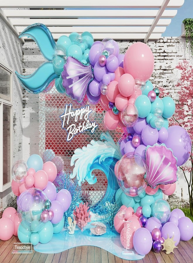 Tesochye Mermaid Balloon Garland Arch Kit, Pastel Pink Purple Teal Blue Clear Balloons with Tail Seashell Foil Balloons for Little Mermaid Party Decorations Summer Under The Sea Ocean Birthday Party - Image 1