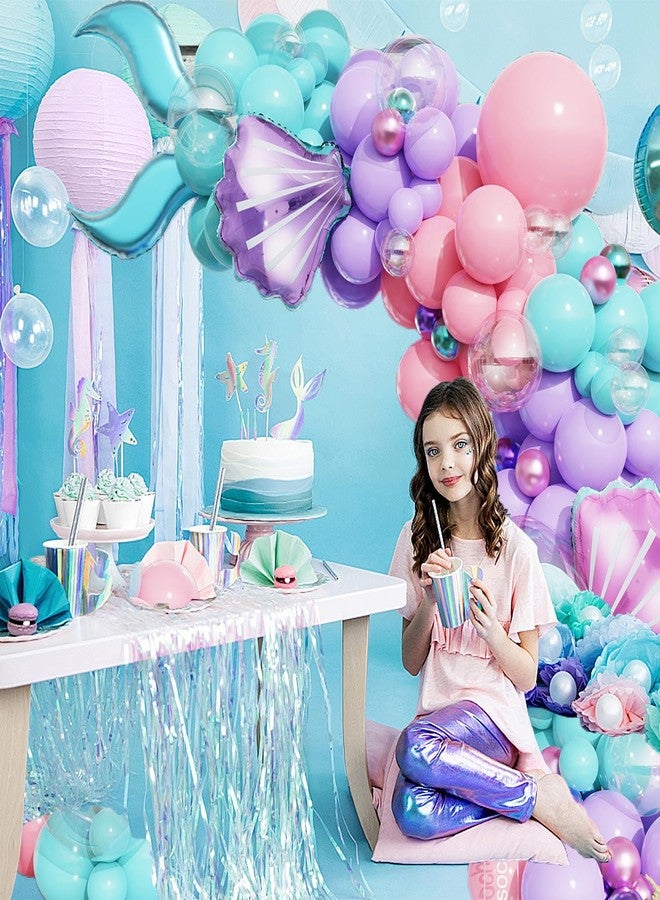 Tesochye Mermaid Balloon Garland Arch Kit, Pastel Pink Purple Teal Blue Clear Balloons with Tail Seashell Foil Balloons for Little Mermaid Party Decorations Summer Under The Sea Ocean Birthday Party - Image 4