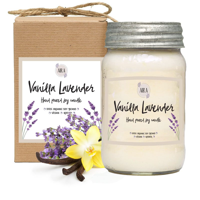 Aira Soy Candles - Organic, Kosher, Vegan, in Mason Jar w/Therapeutic Grade Essential Oil Blends - Hand-Poured 100% Soy Candle Wax - Paraffin Free, Burns 110+ Hours -Vanilla Lavender Scent -16 Ounces - Image 1
