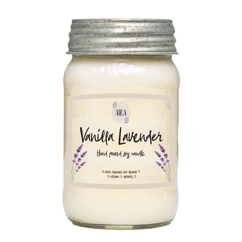 Aira Soy Candles - Organic, Kosher, Vegan, in Mason Jar w/Therapeutic Grade Essential Oil Blends - Hand-Poured 100% Soy Candle Wax - Paraffin Free, Burns 110+ Hours -Vanilla Lavender Scent -16 Ounces - Image 3