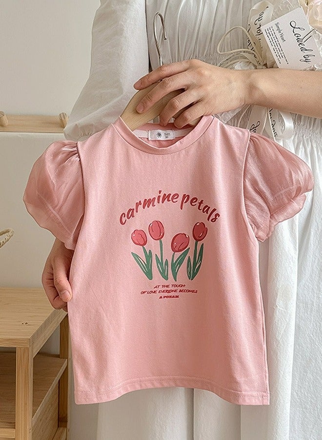 Loquat Girl's Lantern Short Sleeve Crew Neck T-Shirt Printed Cotton Puff Sleeve Tees Pink 