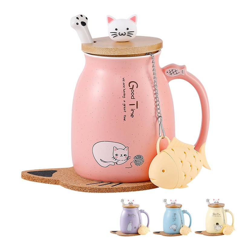 Cat Mug Gifts for Women Cute Ceramic Coffee Cup with Lovely Kitty lid Stainless Steel SpoonNovelty Morning Cup Tea Coffee Mug with Lid Tea Infuser Christmas Birthday Gifts for Cat Lovers Presents