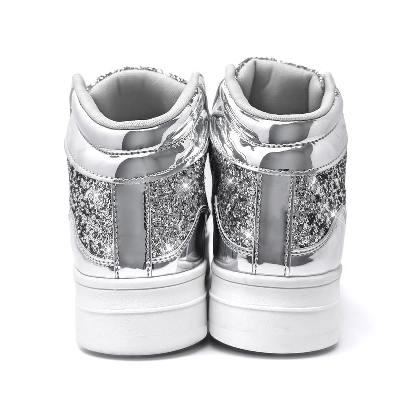 IGxx Womens Platform Glitter Shoes Black High Top Sparkly Sneakers Shiny Fashion Bling Dressy Sequin Metallic Sneakers Disco Wedding Shoes Silver Women Size 7.5 - Image 2