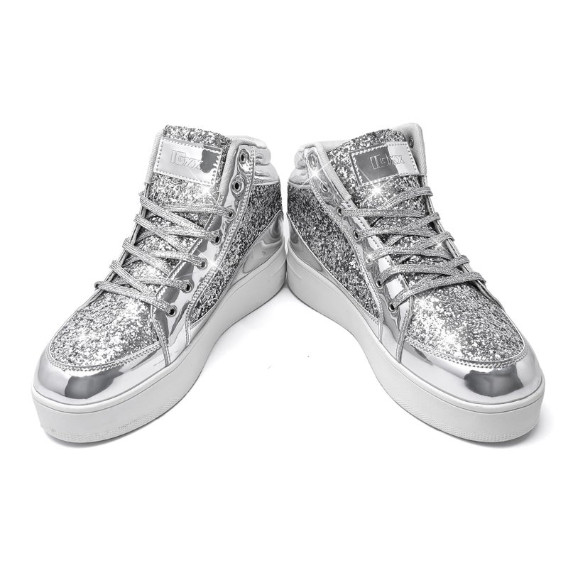 IGxx Womens Platform Glitter Shoes Black High Top Sparkly Sneakers Shiny Fashion Bling Dressy Sequin Metallic Sneakers Disco Wedding Shoes Silver Women Size 7.5 - Image 1