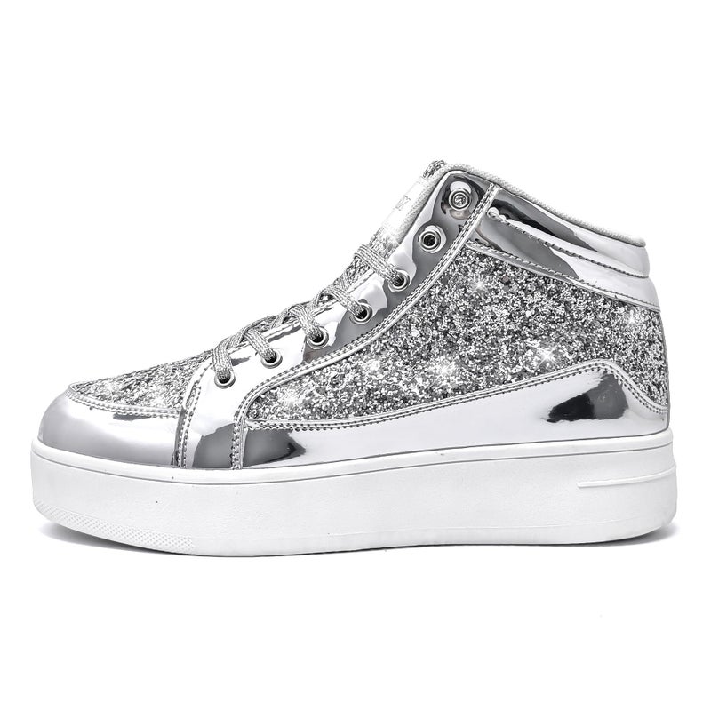 IGxx Womens Platform Glitter Shoes Black High Top Sparkly Sneakers Shiny Fashion Bling Dressy Sequin Metallic Sneakers Disco Wedding Shoes Silver Women Size 7.5 - Image 3