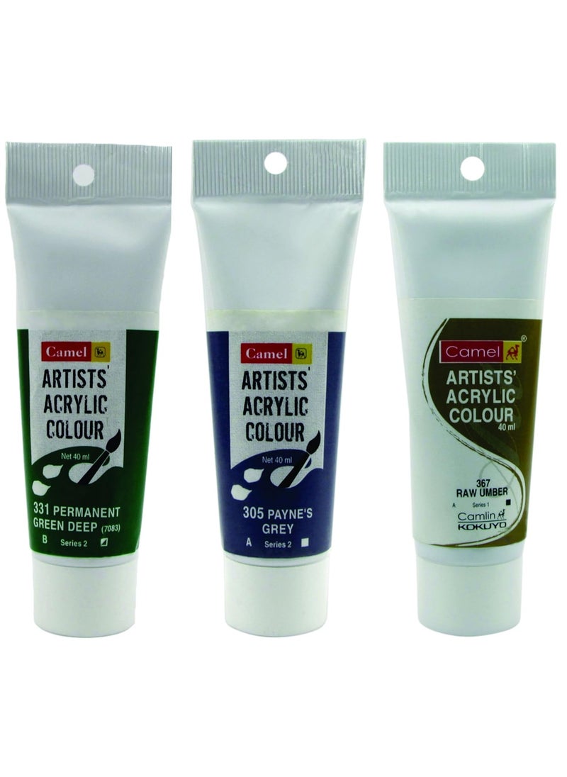 camel Camlin Kokuyo Acrylic Tubes 40ml- Paynes Grey, Raw Umber & Permanent Green Deep 